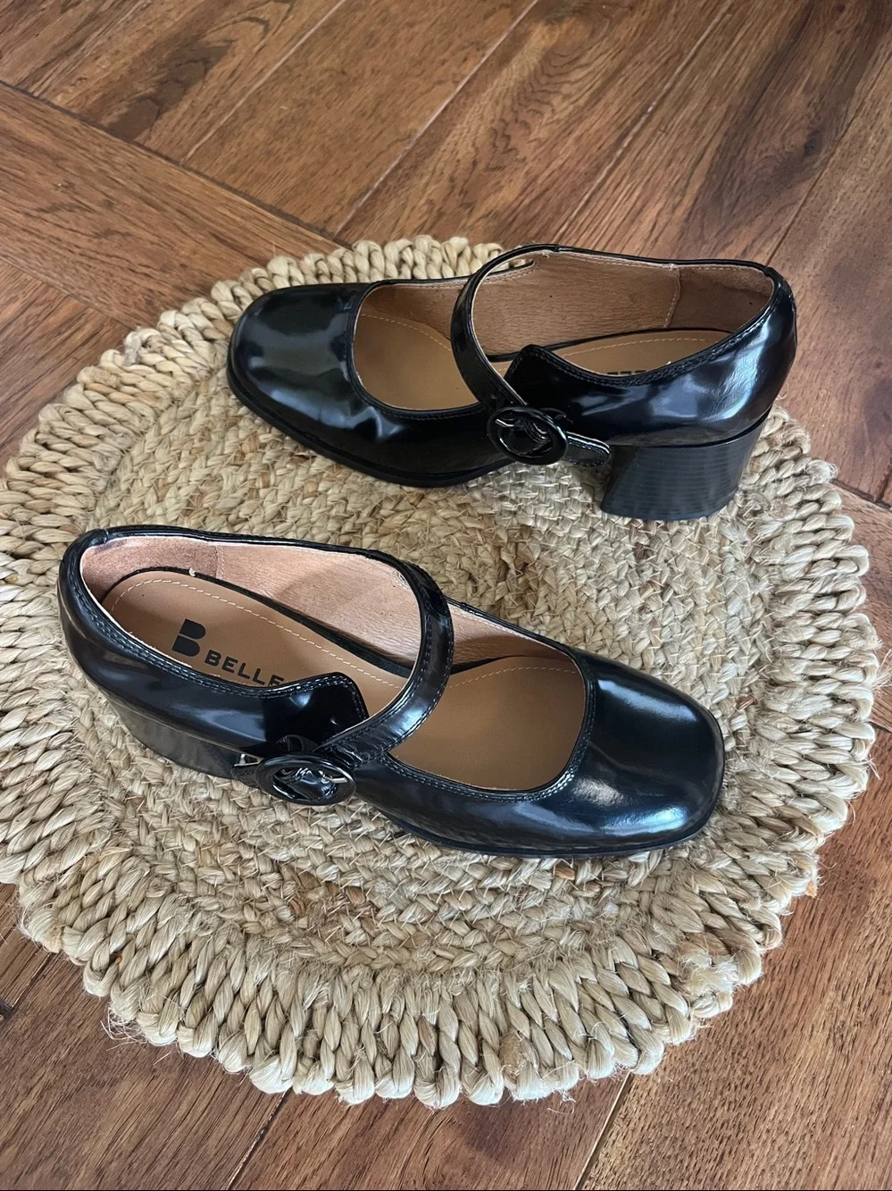 Belle Black Patent Mary Jane Block Heels with Buckle Strap